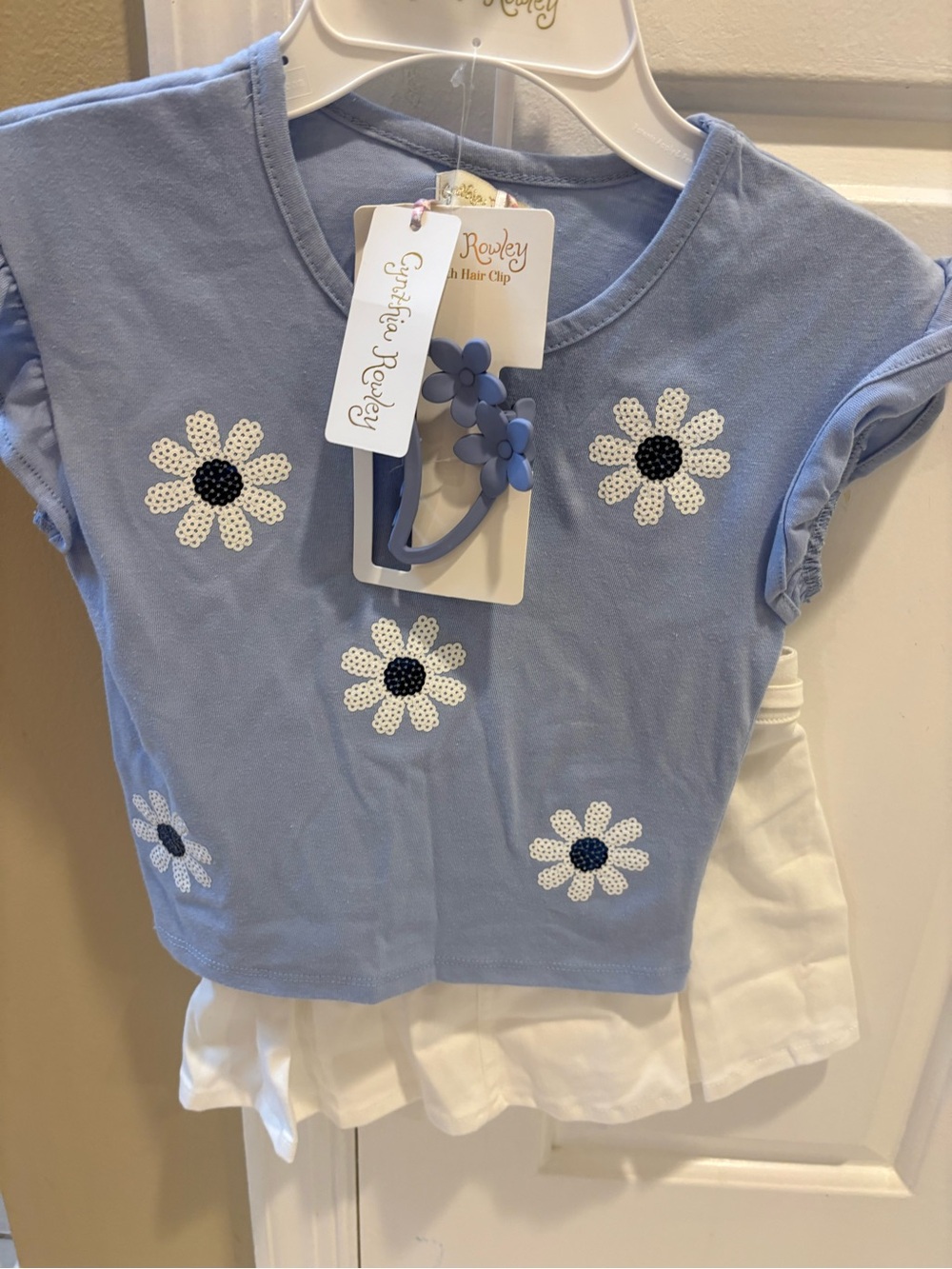 Girl’s Cynthia Rowley Light Blue Daisy Tee with Navy Sequin Flowers & Skort Set
